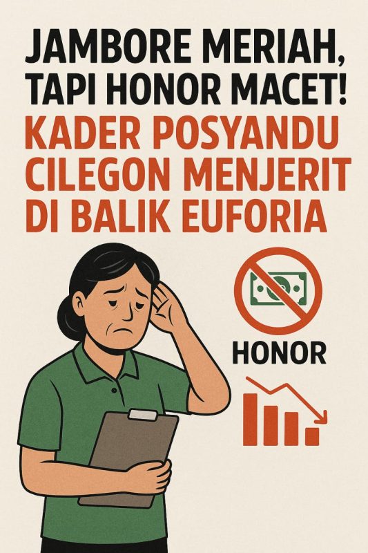 Jambore Kader Cilegon Meriah, Tapi Honor Kader Macet dan Kesejahteraan Terabaikan! 1 Ilustrasi kader Posyandu Cilegon yang kebingungan karena honor macet di tengah semarak Jambore Kesehatan 2025.