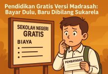 Ilustrasi siswa MAN bingung memegang amplop pembayaran di depan papan pengumuman biaya sekolah negeri