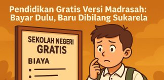Ilustrasi siswa MAN bingung memegang amplop pembayaran di depan papan pengumuman biaya sekolah negeri