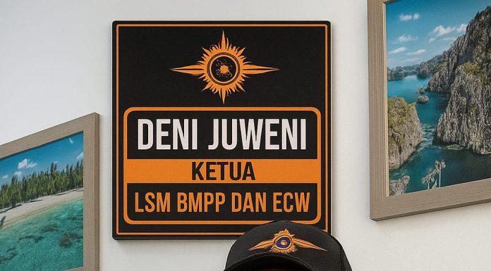 Deni Juweni, Ketua LSM BMPP dan ECW, duduk di kantor dengan papan nama resmi, menyerukan integritas dalam PPDB Cilegon 2025