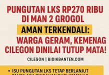 Infografis dugaan pungutan LKS Rp270 ribu di MAN 2 Grogol, warga kecewa, Kemenag Cilegon dianggap tutup mata, dengan sorotan pelanggaran Permendikbud Nomor 75 Tahun 2016.